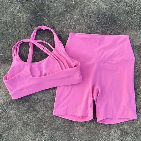 Solid Color High Waist Gym Yoga Short Legging Set Tight Women Cross Back High Impact Shoulder Strap Fitness Bra Top Sportwear