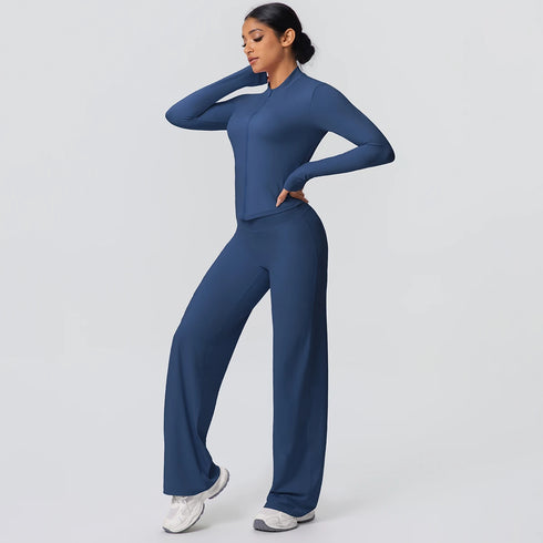 2pieces Quick Drying Sports Fitness Clothing Yoga Set Women Yoga Zipper Long Dleeves High Waisted Breathable Wide Leg Pants Set