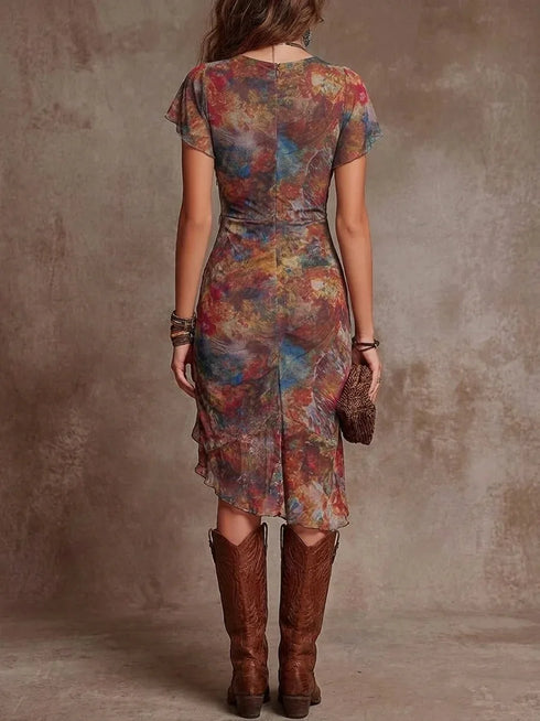 2026 Sexy Deep V Neck Printed Lace Women's Short Sleeve Dresses Summer New Fashion Slim Ruffle Female Party Dress Short Dress