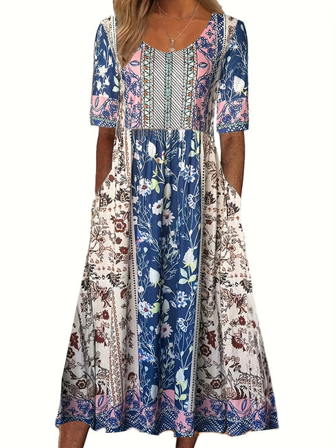 2025 summer new women's Bohemia loose fashion print round neck short sleeve long dress