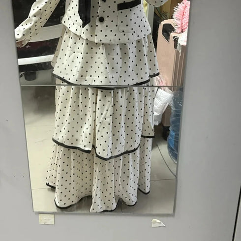 Korean Fashion Elegant Beige Polka Dot Women Set Long-sleeved Single Button Top High Waist A-line Ruffled Tiered Long Skirt 2pcs