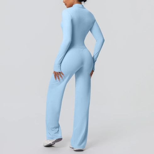 2pieces Quick Drying Sports Fitness Clothing Yoga Set Women Yoga Zipper Long Dleeves High Waisted Breathable Wide Leg Pants Set