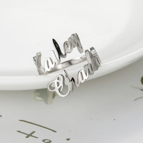 Custom Double First Name Finger Ring For Women Men Personalized Couple Family Gift Gold Color Stainless Steel Metal Jewelry