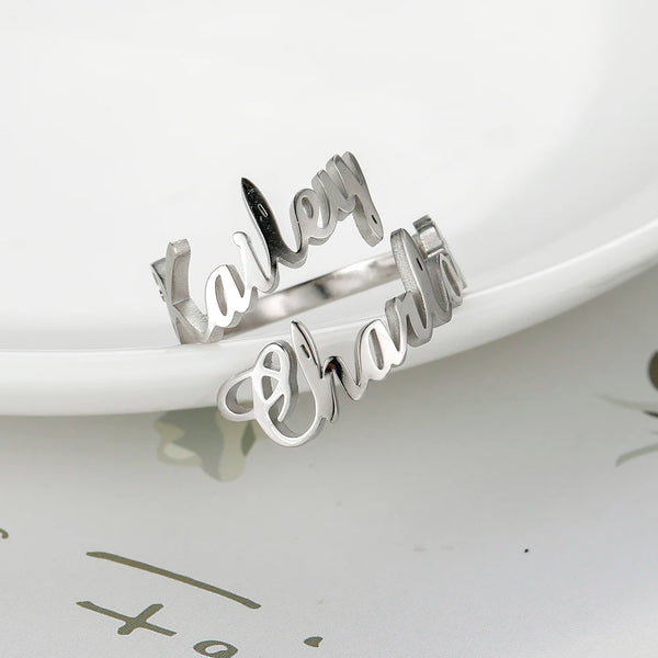 Custom Double First Name Finger Ring For Women Men Personalized Couple Family Gift Gold Color Stainless Steel Metal Jewelry