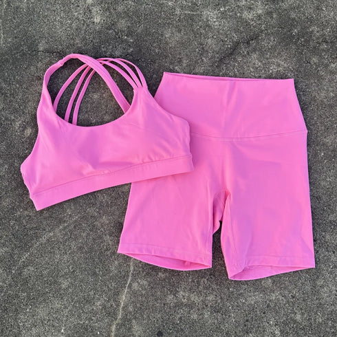 Solid Color High Waist Gym Yoga Short Legging Set Tight Women Cross Back High Impact Shoulder Strap Fitness Bra Top Sportwear