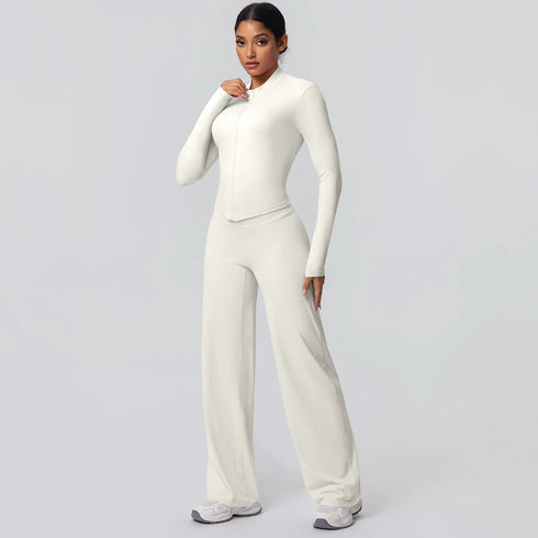 2pieces Quick Drying Sports Fitness Clothing Yoga Set Women Yoga Zipper Long Dleeves High Waisted Breathable Wide Leg Pants Set