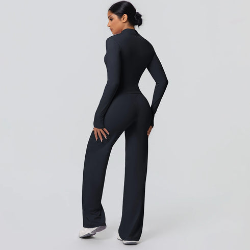 2pieces Quick Drying Sports Fitness Clothing Yoga Set Women Yoga Zipper Long Dleeves High Waisted Breathable Wide Leg Pants Set