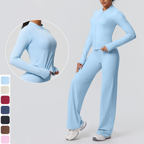 2pieces Quick Drying Sports Fitness Clothing Yoga Set Women Yoga Zipper Long Dleeves High Waisted Breathable Wide Leg Pants Set