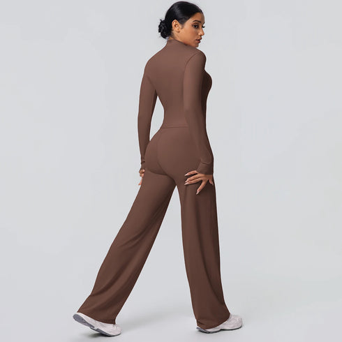 2pieces Quick Drying Sports Fitness Clothing Yoga Set Women Yoga Zipper Long Dleeves High Waisted Breathable Wide Leg Pants Set