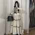 Korean Fashion Elegant Beige Polka Dot Women Set Long-sleeved Single Button Top High Waist A-line Ruffled Tiered Long Skirt 2pcs