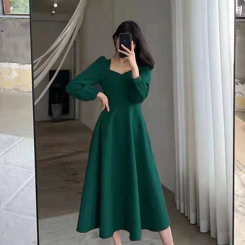 Long Puff Sleeve Solid Elegant Dress Women Clothing Wedding Guest New Year Women Fashion High Waist Slim Evening Party Dresses
