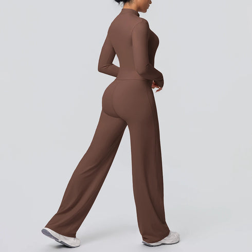 2pieces Quick Drying Sports Fitness Clothing Yoga Set Women Yoga Zipper Long Dleeves High Waisted Breathable Wide Leg Pants Set