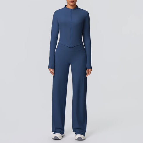 2pieces Quick Drying Sports Fitness Clothing Yoga Set Women Yoga Zipper Long Dleeves High Waisted Breathable Wide Leg Pants Set