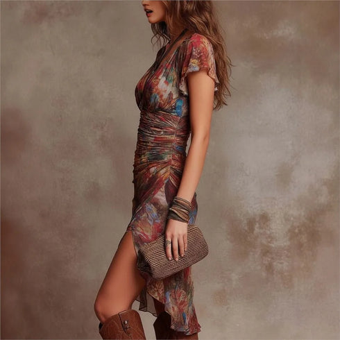 2026 Sexy Deep V Neck Printed Lace Women's Short Sleeve Dresses Summer New Fashion Slim Ruffle Female Party Dress Short Dress