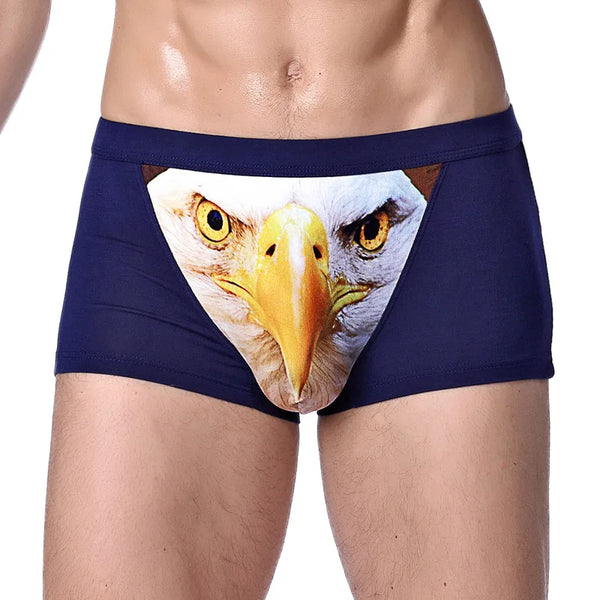Men's Unique 3D Printed Wolf Eagle Head Flat Angle Pants Mid-waist Boxer Shorts Breathable Knitted Modal Fabric