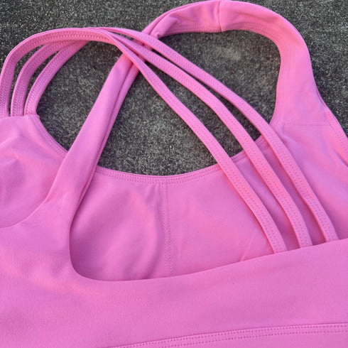 Solid Color High Waist Gym Yoga Short Legging Set Tight Women Cross Back High Impact Shoulder Strap Fitness Bra Top Sportwear