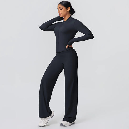 2pieces Quick Drying Sports Fitness Clothing Yoga Set Women Yoga Zipper Long Dleeves High Waisted Breathable Wide Leg Pants Set