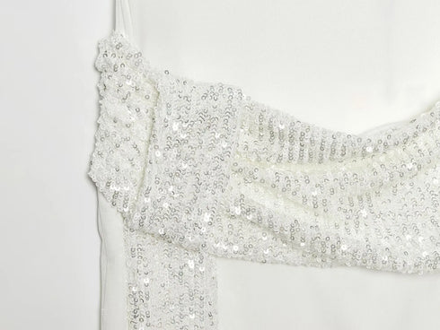 HH 2026 Women Elegant White Short-Sleeved Backless Sequined Splicing Decoration Sexy Short Dress Woman Fashion Party Mini Dress