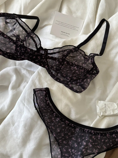 French Ultra Thin Lingerie Set Sexy Lace Floral Prints Bra Fashion Women Underwear Mesh Breathable Intimates Bras and Thong Sets