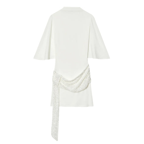 HH 2026 Women Elegant White Short-Sleeved Backless Sequined Splicing Decoration Sexy Short Dress Woman Fashion Party Mini Dress