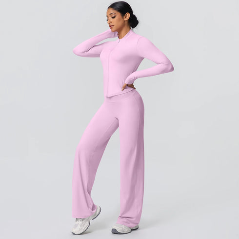 2pieces Quick Drying Sports Fitness Clothing Yoga Set Women Yoga Zipper Long Dleeves High Waisted Breathable Wide Leg Pants Set