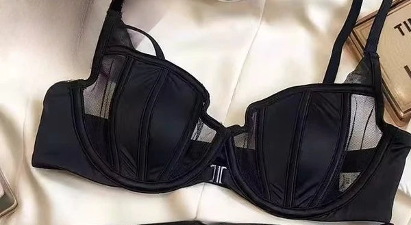Front Buckle Push Up Bra for Women Lingerie Set Sexy Satin Mesh Semi-Cup Wireless Lift Bra Set with Adjustable Straps S-XL Size