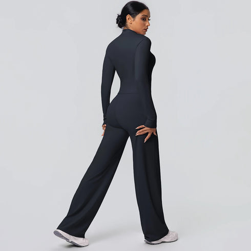 2pieces Quick Drying Sports Fitness Clothing Yoga Set Women Yoga Zipper Long Dleeves High Waisted Breathable Wide Leg Pants Set