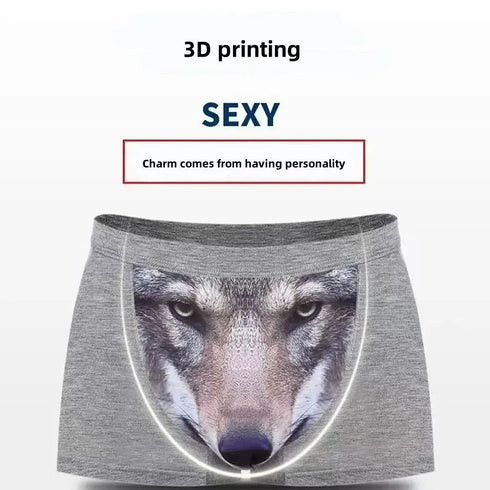 Men's Unique 3D Printed Wolf Eagle Head Flat Angle Pants Mid-waist Boxer Shorts Breathable Knitted Modal Fabric
