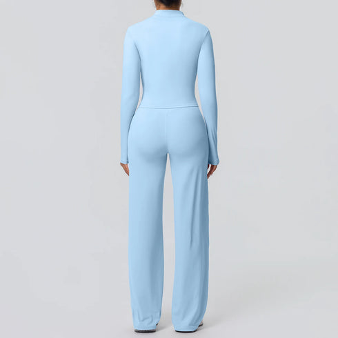 2pieces Quick Drying Sports Fitness Clothing Yoga Set Women Yoga Zipper Long Dleeves High Waisted Breathable Wide Leg Pants Set