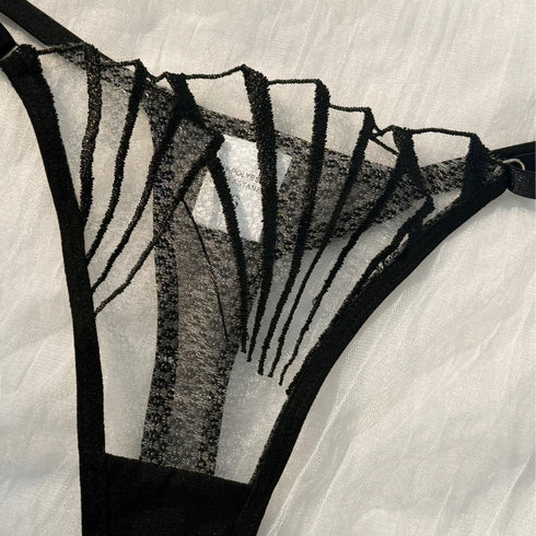 Black Lace Lingerie Set – Sheer Eyelash Mesh Push-Up Bra and Panty with Triangle Cup Design