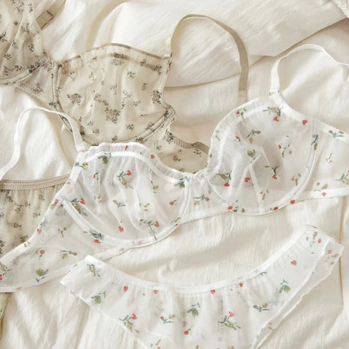 French Ultra Thin Lingerie Set Sexy Lace Floral Prints Bra Fashion Women Underwear Mesh Breathable Intimates Bras and Thong Sets