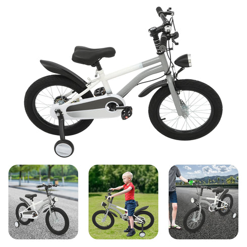 16 Inch Children's Bicycle Carbon Steel Mountain Bike with Auxiliary Wheels & LED Light for 5-8 Years Old,Height Adjustable,60Kg