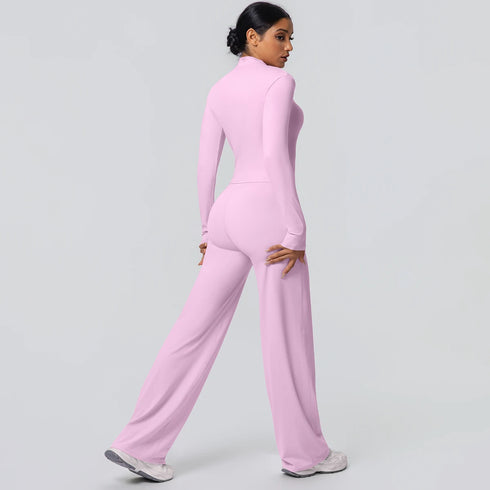 2pieces Quick Drying Sports Fitness Clothing Yoga Set Women Yoga Zipper Long Dleeves High Waisted Breathable Wide Leg Pants Set