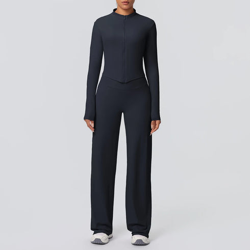 2pieces Quick Drying Sports Fitness Clothing Yoga Set Women Yoga Zipper Long Dleeves High Waisted Breathable Wide Leg Pants Set