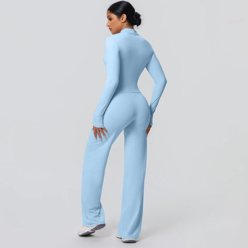 2pieces Quick Drying Sports Fitness Clothing Yoga Set Women Yoga Zipper Long Dleeves High Waisted Breathable Wide Leg Pants Set
