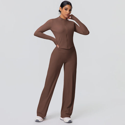 2pieces Quick Drying Sports Fitness Clothing Yoga Set Women Yoga Zipper Long Dleeves High Waisted Breathable Wide Leg Pants Set