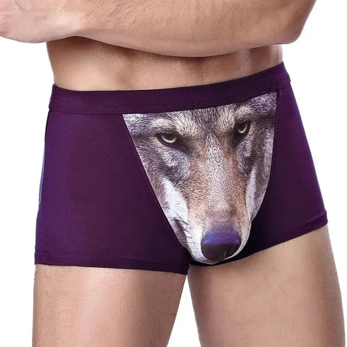 Men's Unique 3D Printed Wolf Eagle Head Flat Angle Pants Mid-waist Boxer Shorts Breathable Knitted Modal Fabric