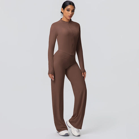 2pieces Quick Drying Sports Fitness Clothing Yoga Set Women Yoga Zipper Long Dleeves High Waisted Breathable Wide Leg Pants Set