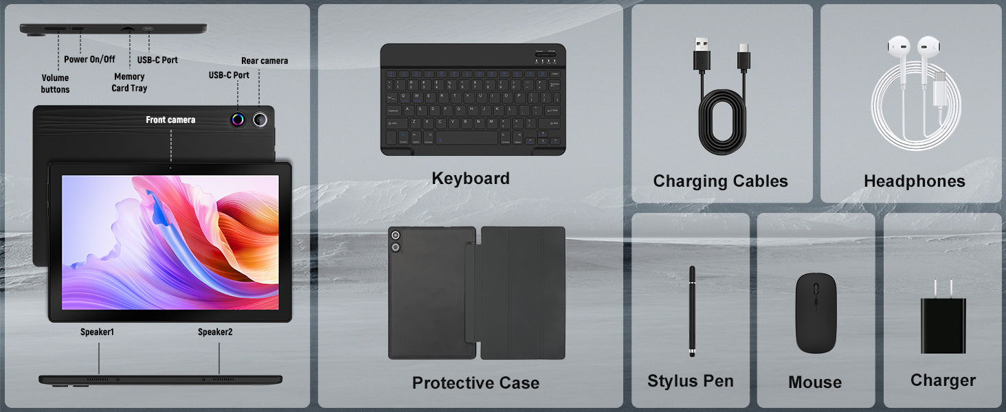 10Inch Tablet Android14 12GB RAM 64GB ROM Octa Core WiFi Dual Camera with Stylus Keyboard Mouse Headphones Case Computer PAD Set