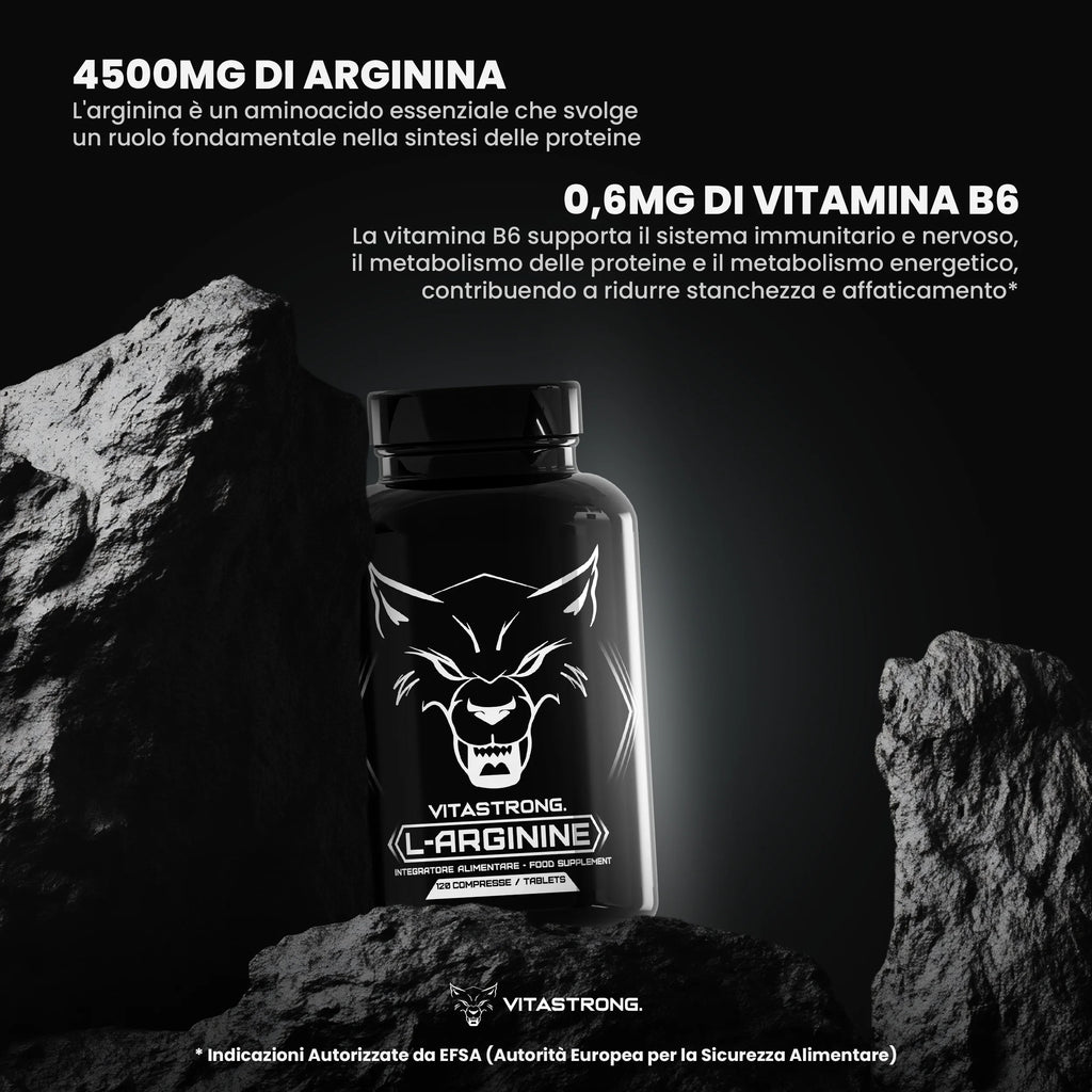 Arginine 4500mg + Vitamin B6 Vitastrong, 120 Tablets L-Arginine HCL High Dosage Kyowa Quality, L Arginine Pure Powder with Vit B6, Pre Workout Supplement Post Workout Gluten-No GMOs