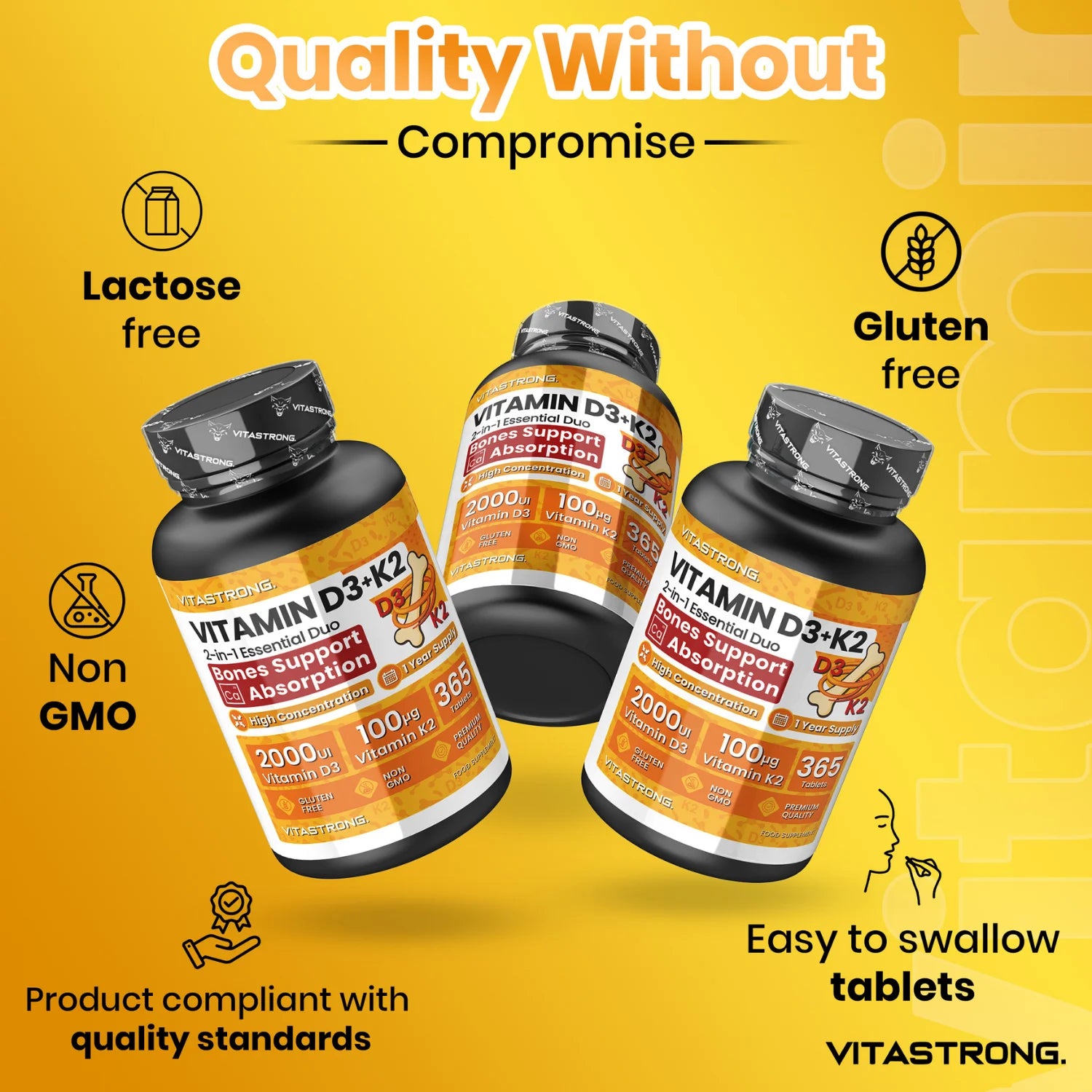 Vitastrong D3 + K2 Vitamin 365 days Tablets 2000 IU, 100 mcg, MK-7 for the support of the immune system, joints, muscles and bones