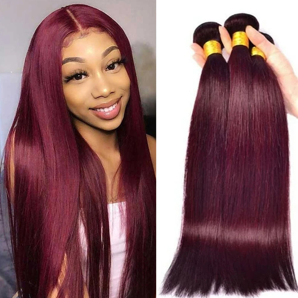 Wine Red #99J Remy Human Hair Weave 16-28 inch Long Silky Straight  Unprocessed Virgin Brazilian Hair Weft Extensions for Women Main image