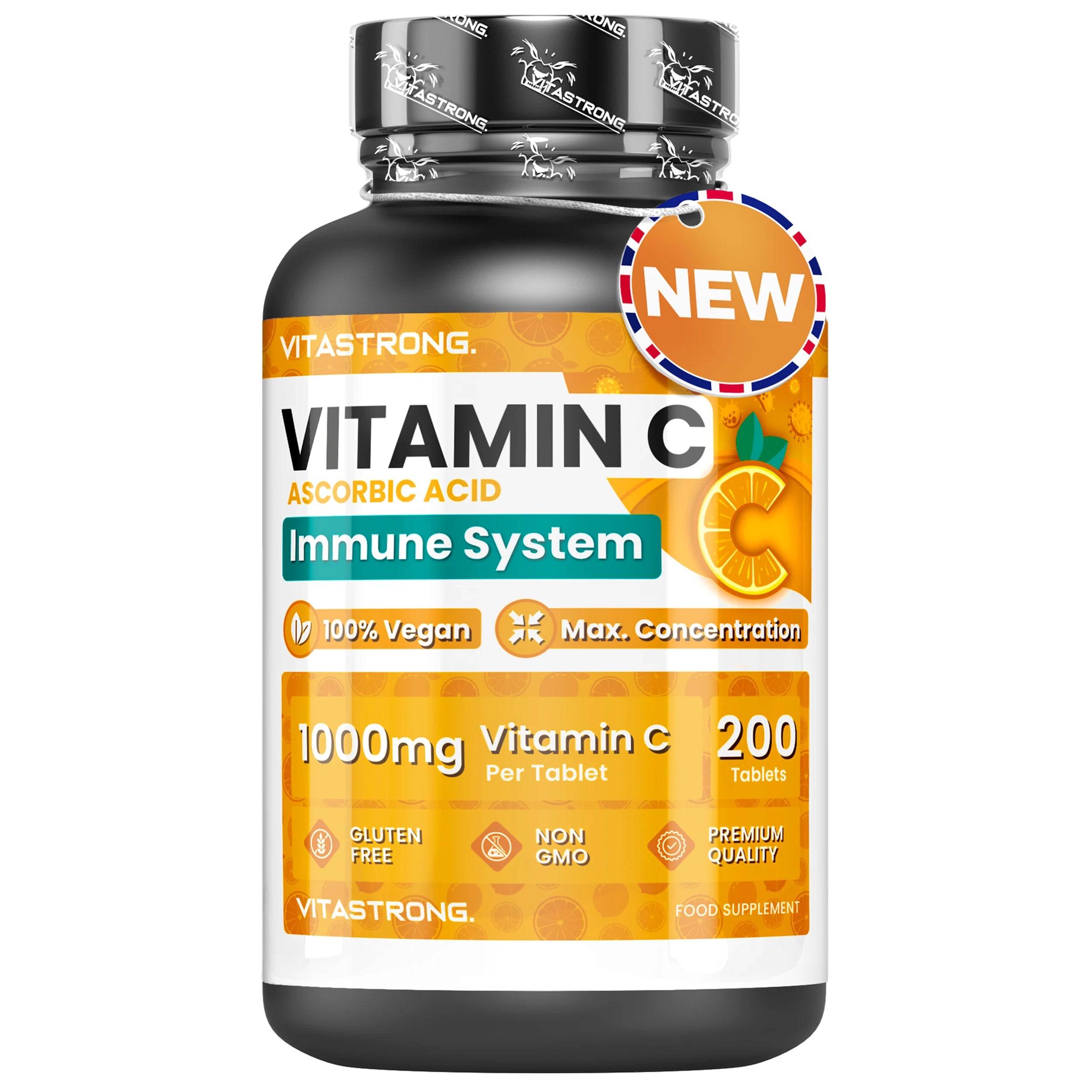 Vitastrong Vitamin C 1000mg High Dose-200 Tablets, 100% Vegan, Slow Release Ascorbic Acid for Immune Support, Skin Health, Fatigue Reduction and Collagen Formation