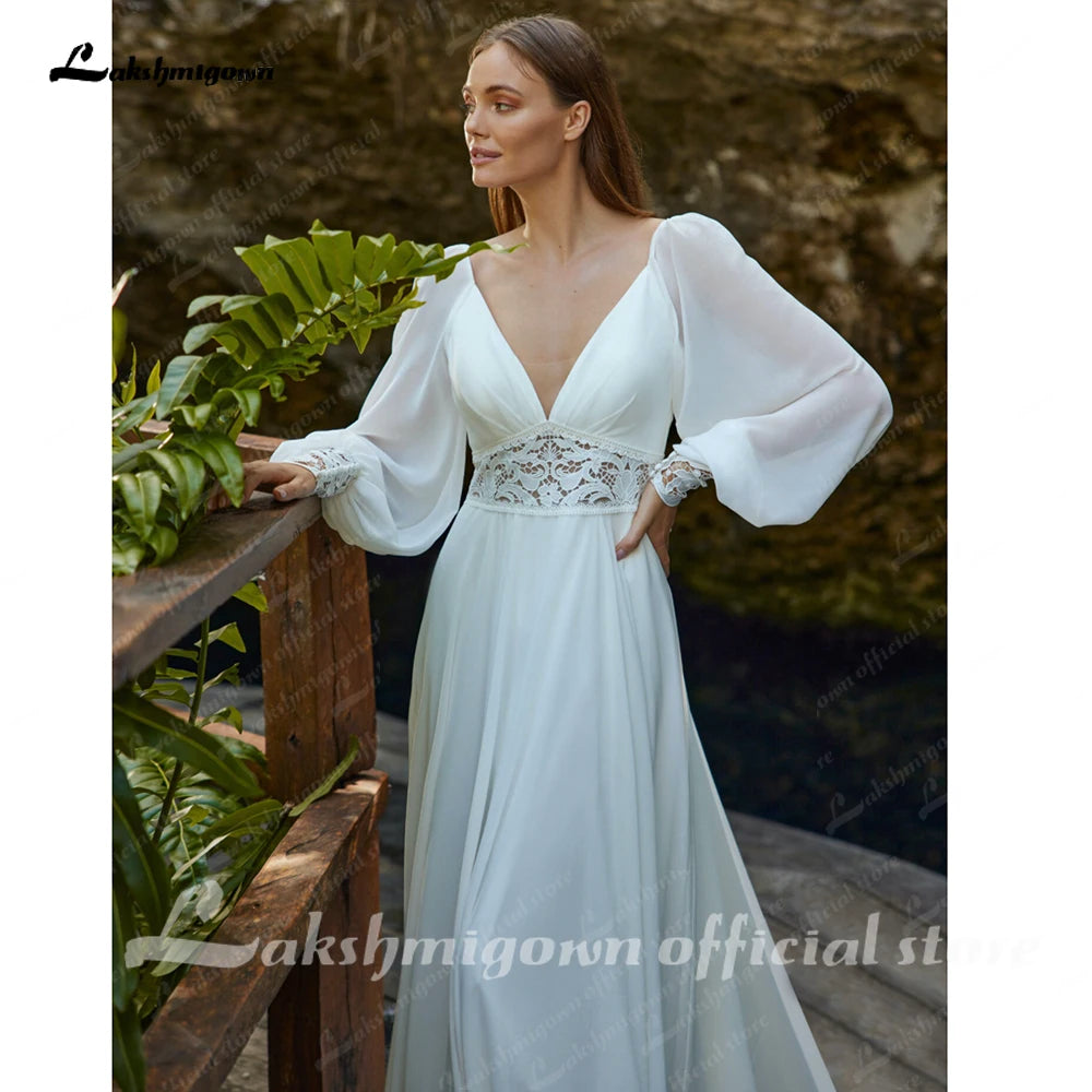 Lakshmigown A-Line Plunging V-neck Lace Appliques Long Sleeves Wedding Dress 2026 Floor-length Backless Bridal Gown Customized