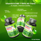 VitaStrong Vitamin K2 200 mcg, High Power, 1 Daily, 450 Tablets, Bone Health, Bone & Muscle support, Food Supplement, Premium Quality, 100% Vegan and Clean Formula