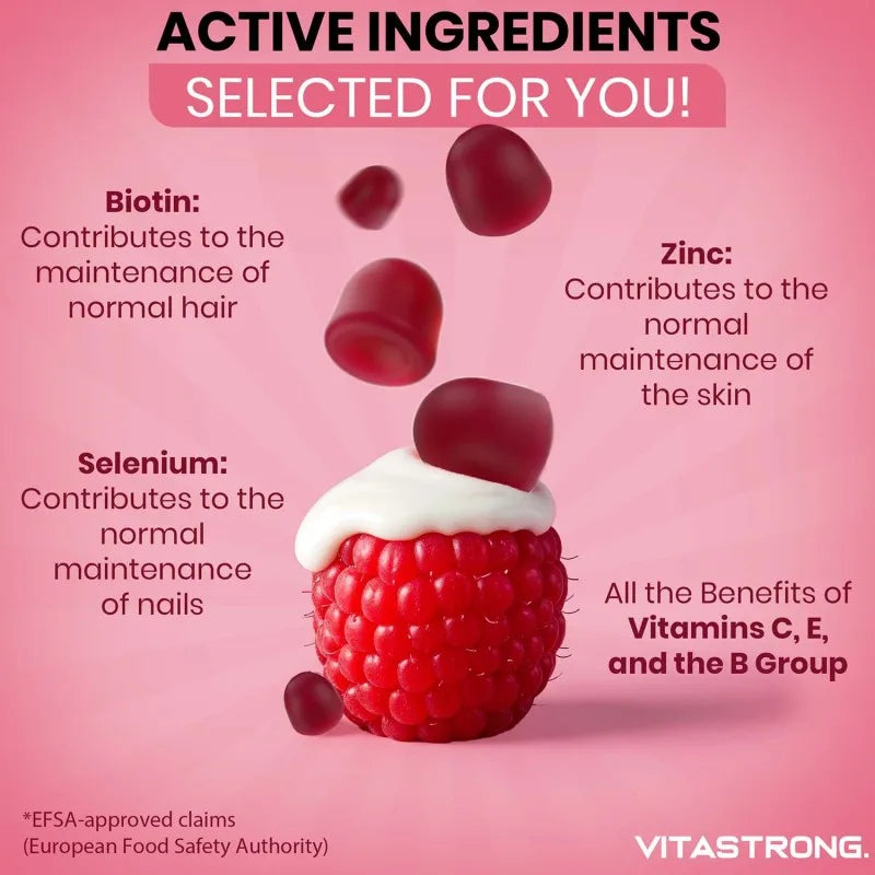 Vitastrong Biotin High Dosage Complex 100% Vegan - 120 Biotin Gum for Hair, Skin and Nails with Zinc, Selenium, Vitamin C, Vitamin E, Vitamin B6, folate and Potassium Iodide-Supports Healthy Hair and Reduces Fatigue
