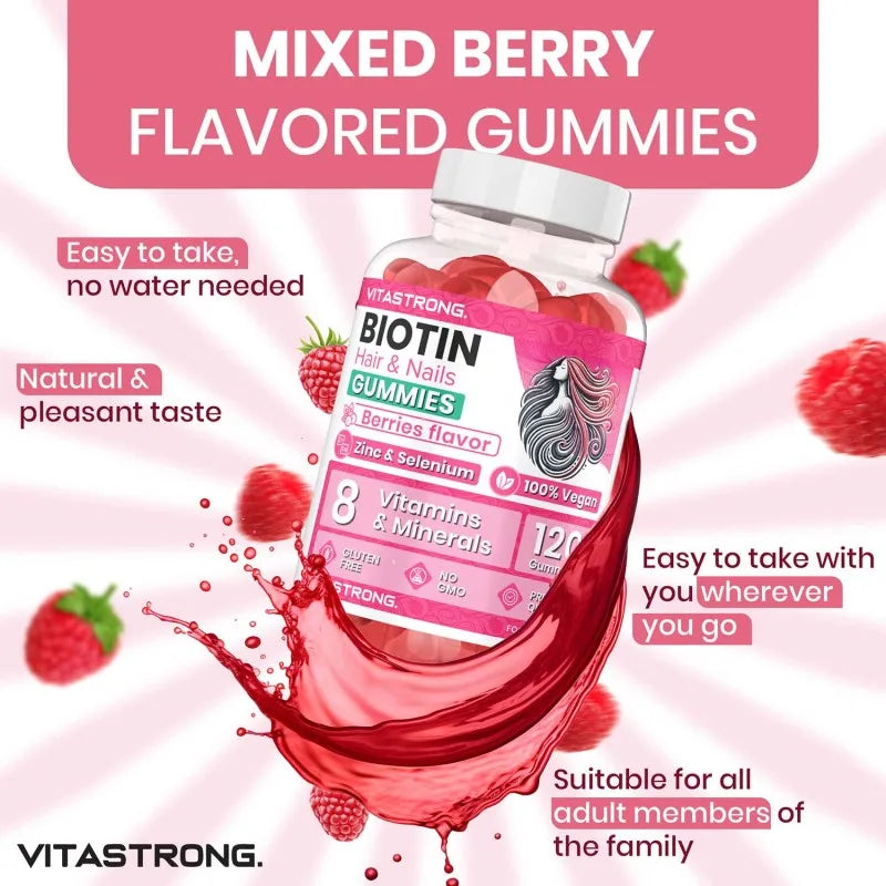 Vitastrong Biotin High Dosage Complex 100% Vegan - 120 Biotin Gum for Hair, Skin and Nails with Zinc, Selenium, Vitamin C, Vitamin E, Vitamin B6, folate and Potassium Iodide-Supports Healthy Hair and Reduces Fatigue