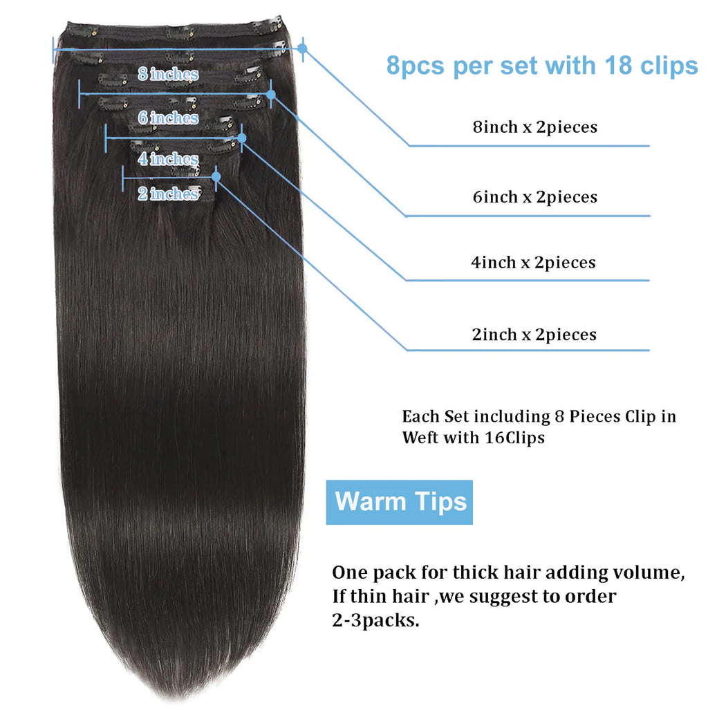 8Pcs Clip In Human Hair Extensions 100% Real Human Hair Clip in Natural Hair Extensions Straight Hair Pieces 14-26Inch Remy Hair