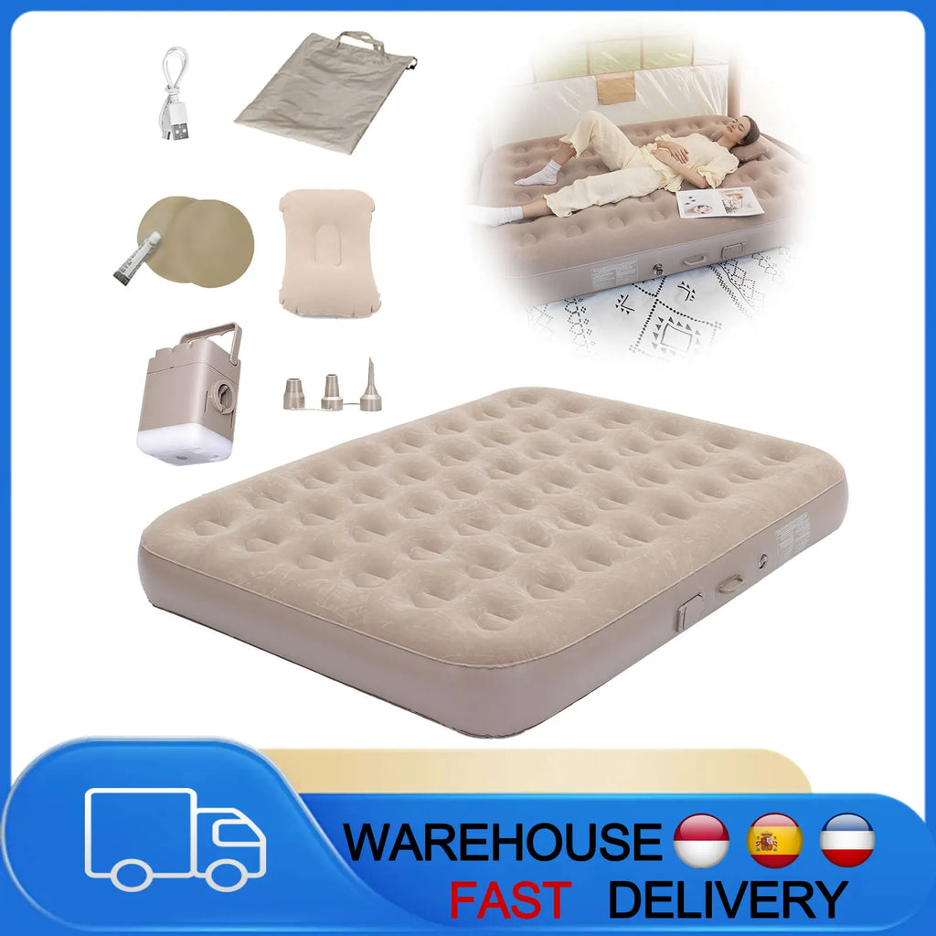 Luxury Double Camping Air Mattress with Integrated Air Pump & LED Light 5 Min Fast Inflate Waterproof Sleeping Pad
