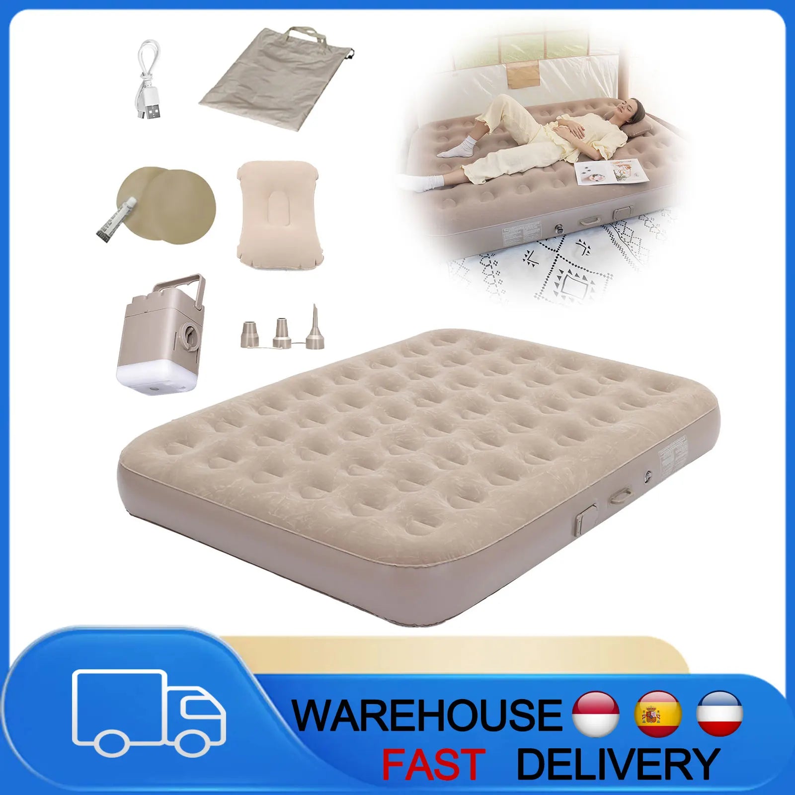 Luxury Double Camping Air Mattress with Integrated Air Pump & LED Light 5 Min Fast Inflate Waterproof Sleeping Pad